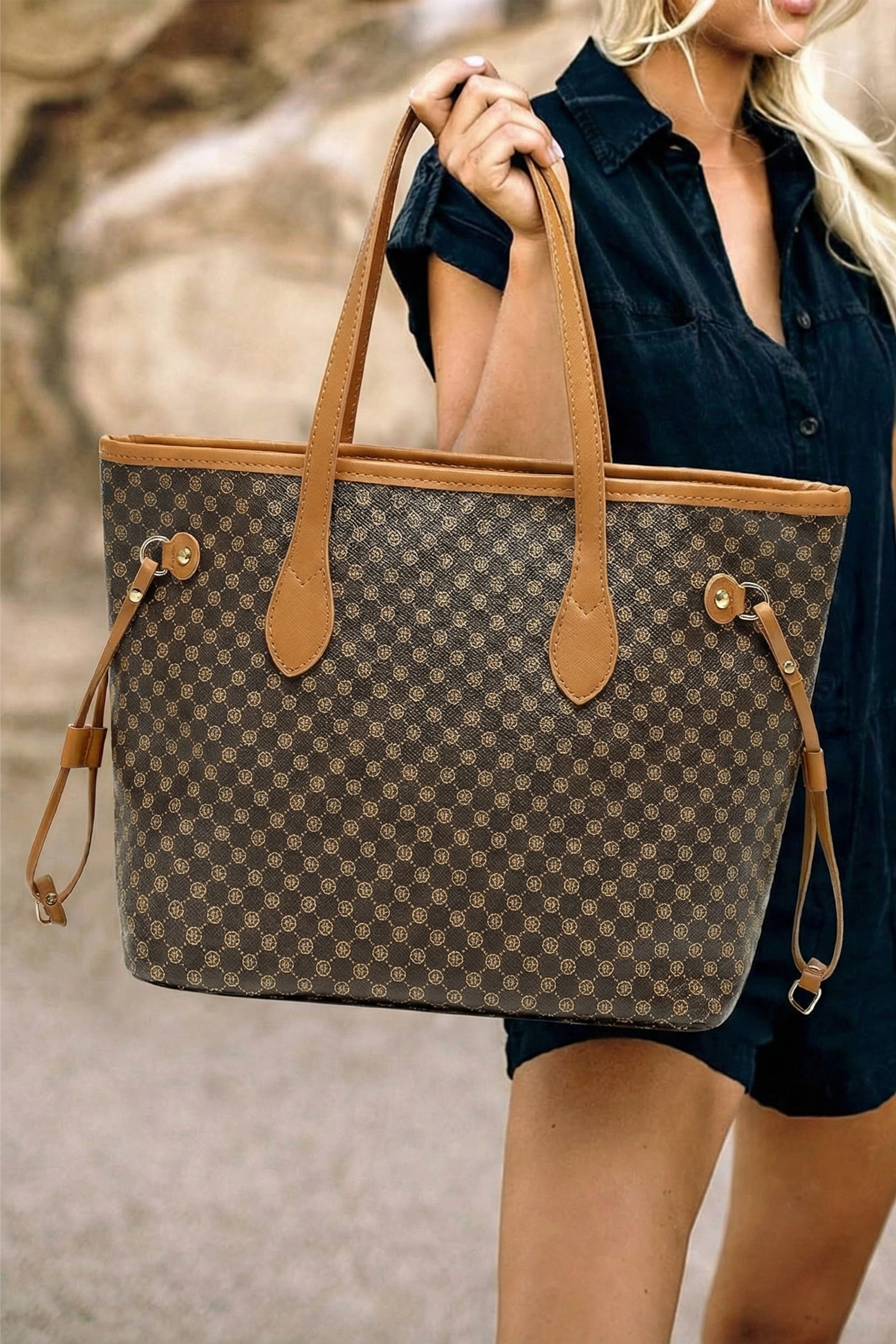 Coffee Luxury Fashion Print PU Leather Versatile One Shoulder Tote Bag
