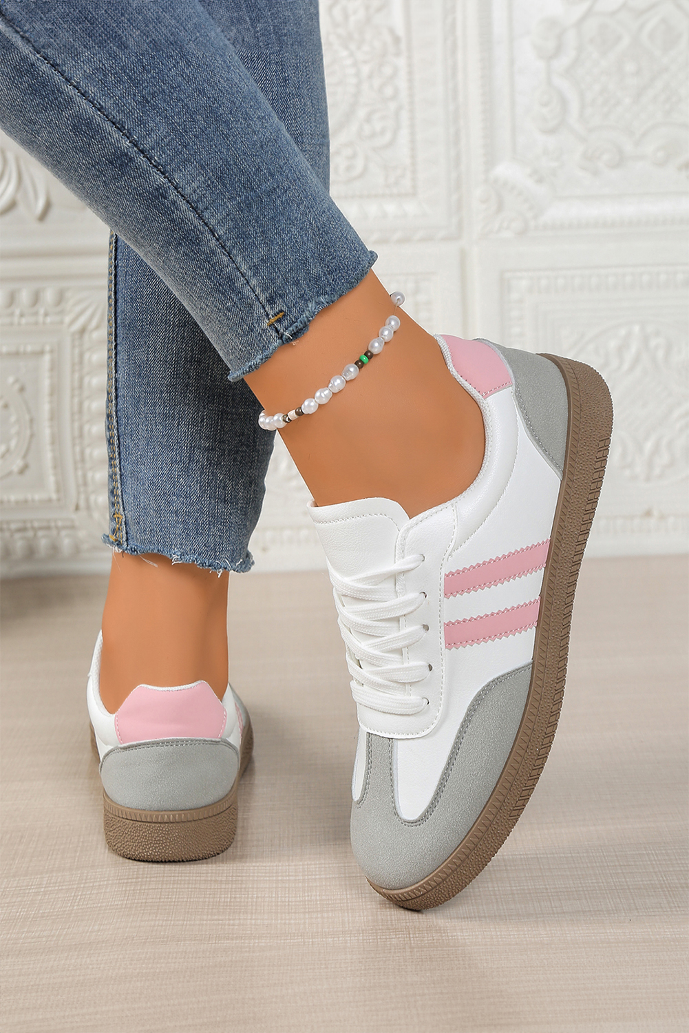 Pink Color Block PU Leather Patchwork Lace Up Flat Shoes