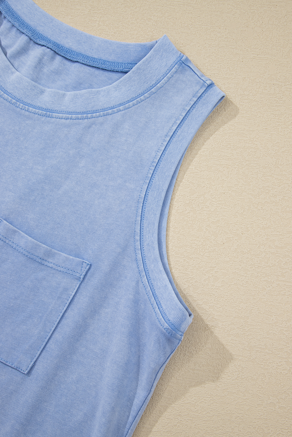 Beau Blue Mineral Wash Patched Chest Pocket Casual Tank Top