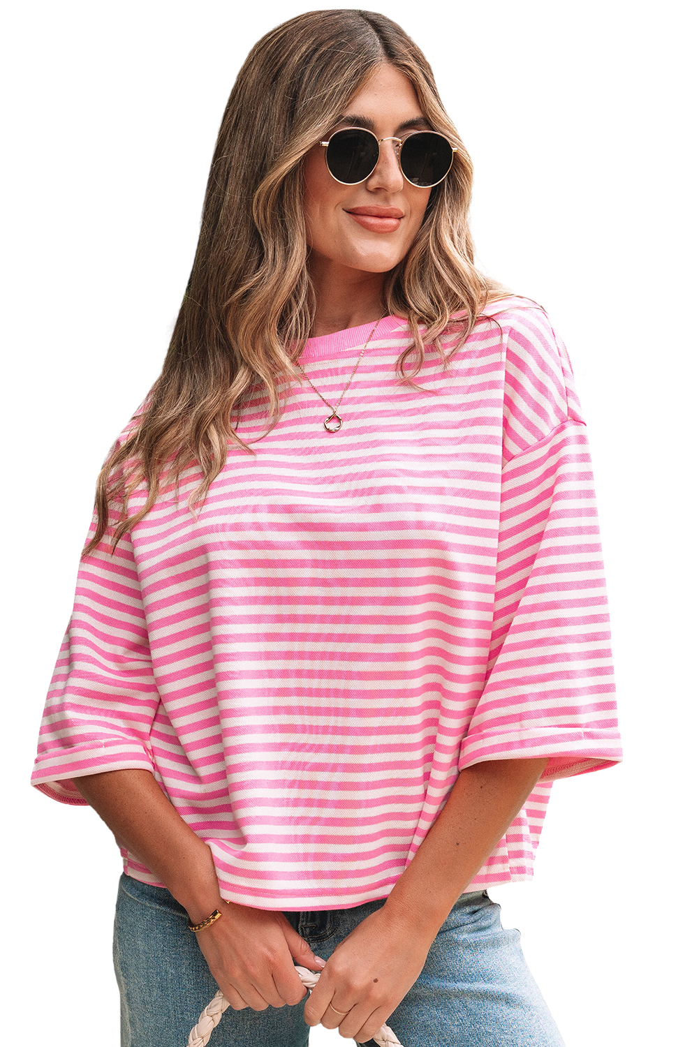 Red Stripe Bowknot Cutout Back Drop Shoulder Wide Bracelet Sleeve Loose Tee
