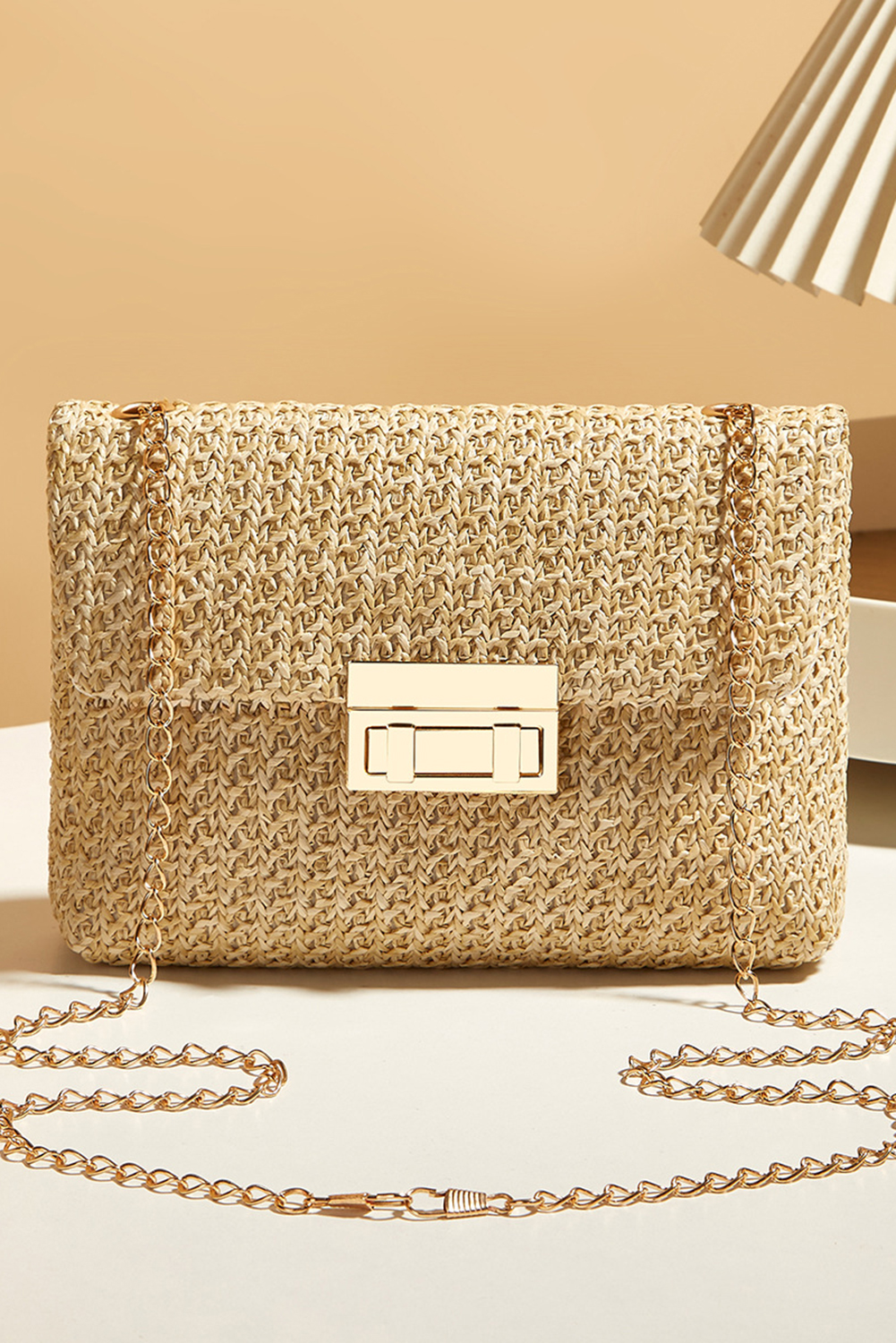 Camel Woven Chain Strap Flap Shoulder Bag