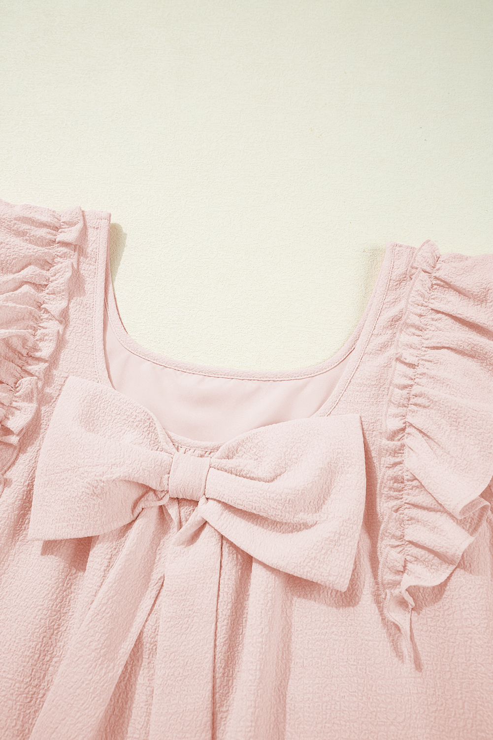 Beau Blue Textured Bow Knot Frilled Butterfly Sleeve Blouse