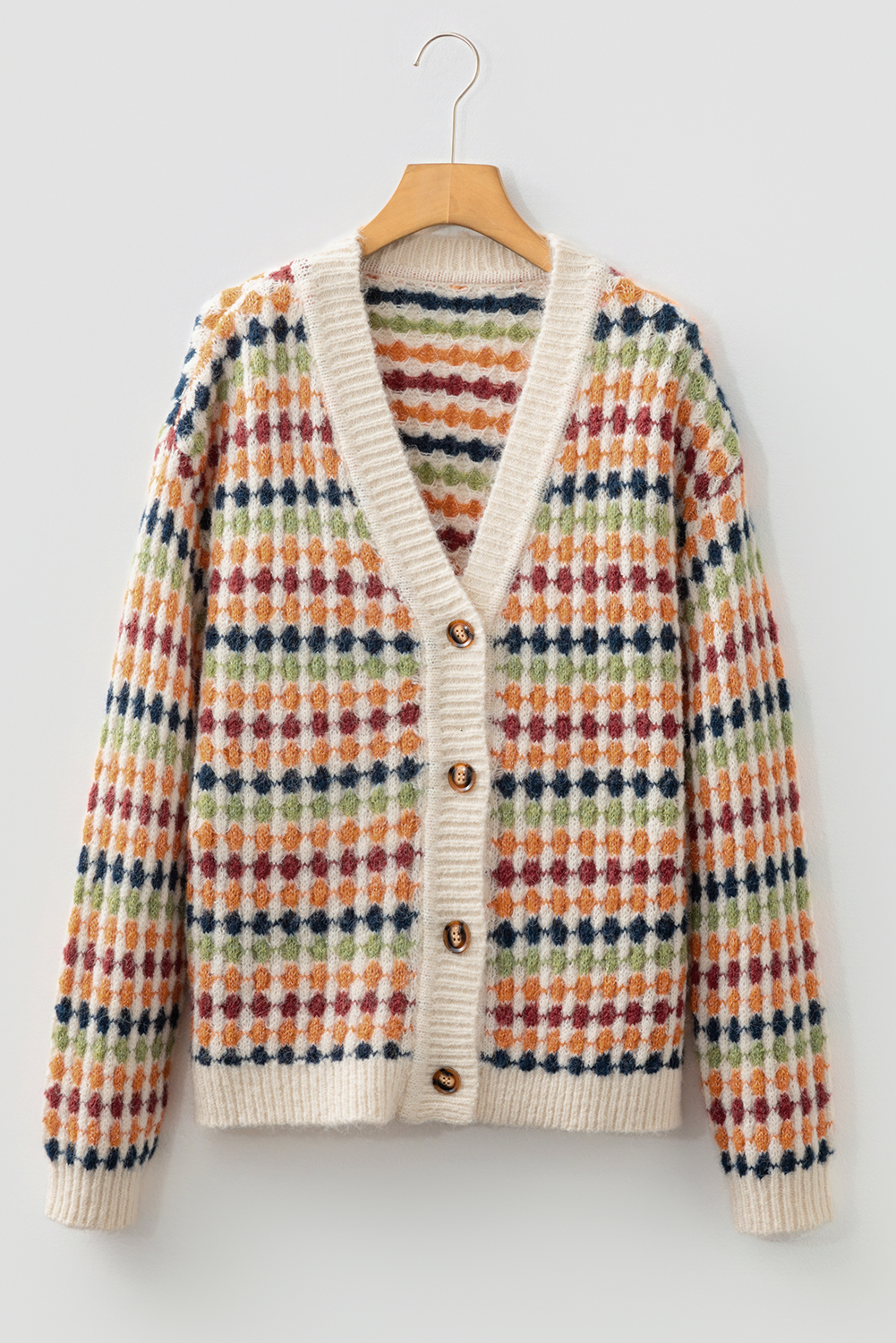 Gray Dotty Pattern Knit Button Front V Neck Sweater Cardigan