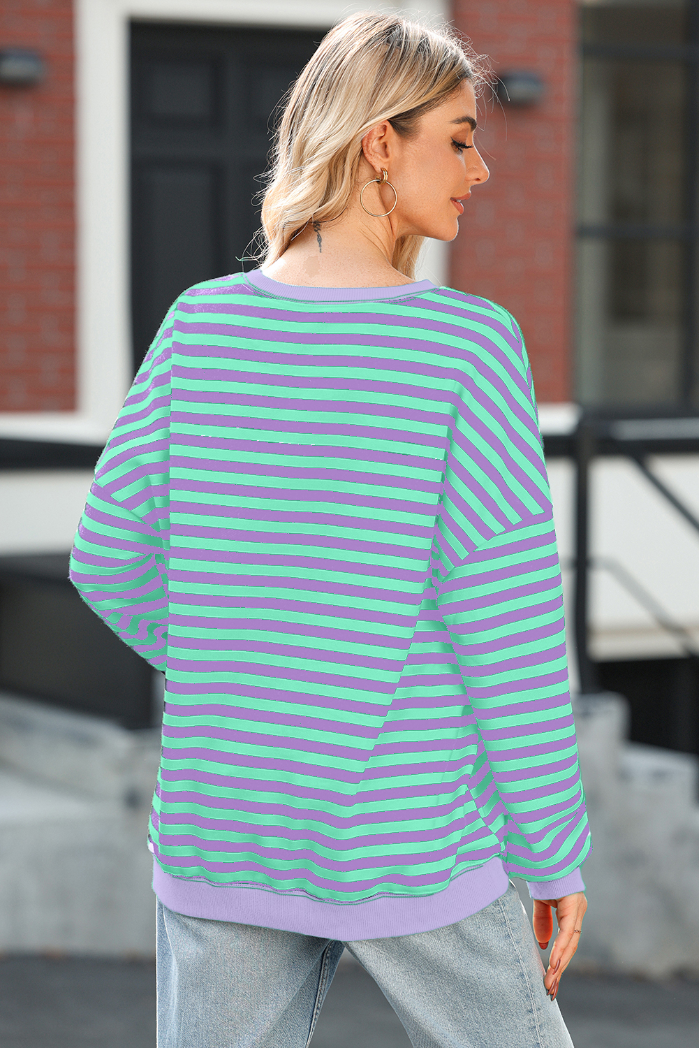 Red Stripe Contrast Ribbed Trim Crossed Stitch Drop Shoulder Sweatshirt