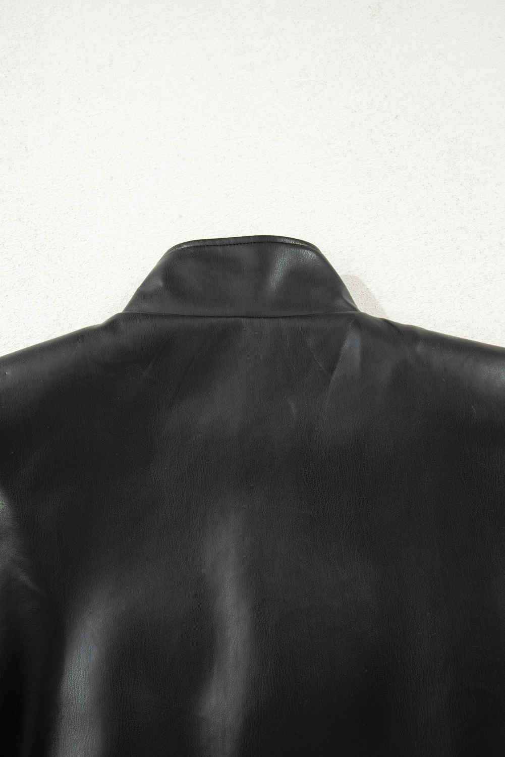 Black Double Flap Pocket Faux Leather Zip Up Stand Neck Vest