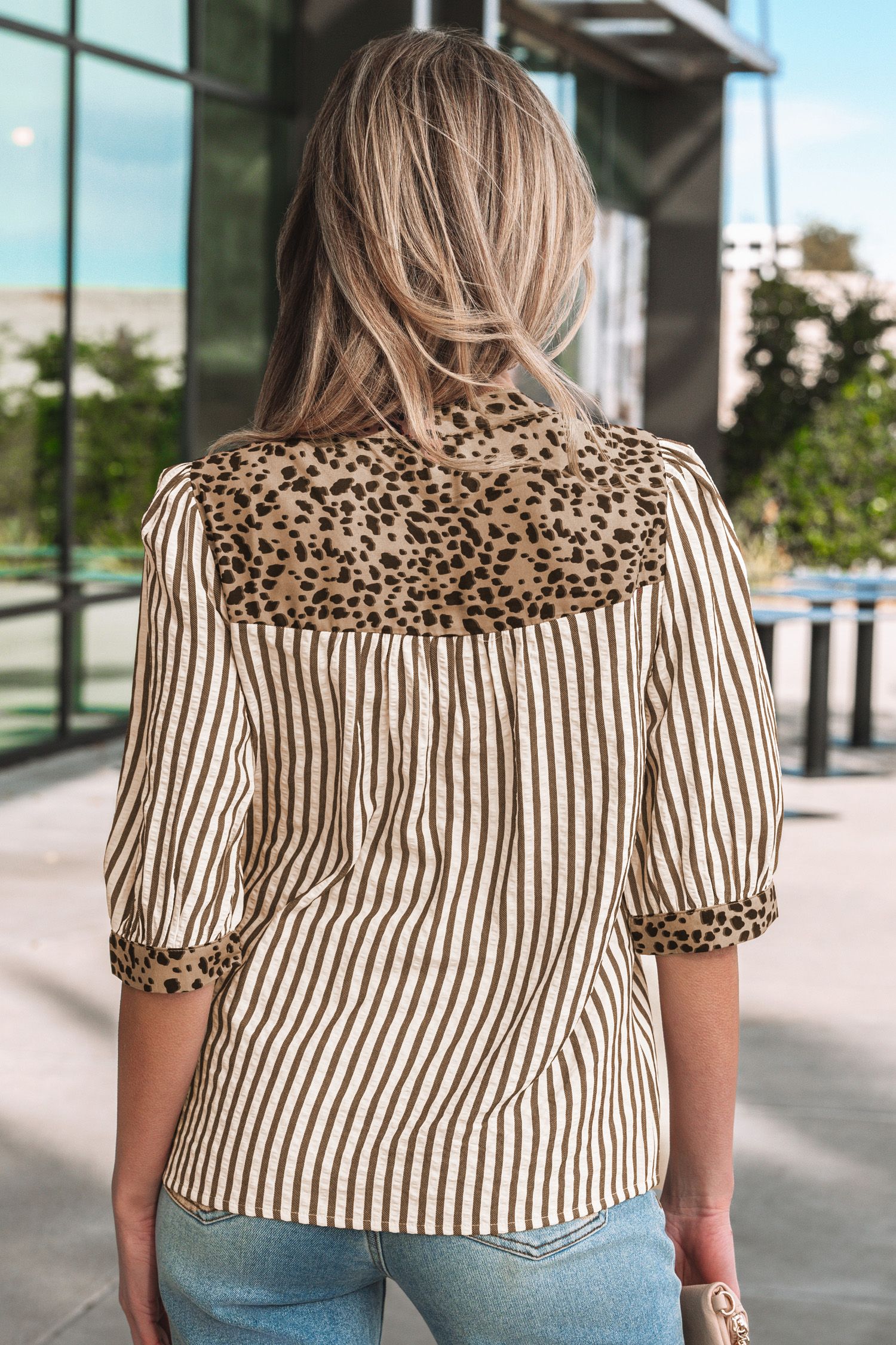 Sky Blue Stripe Leopard Trim V Neck Button Down Half Sleeve Shirt