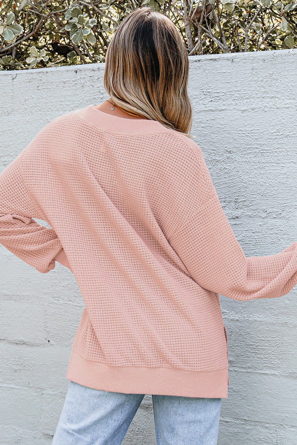 Fushia Thermal V Neck Relaxed Long Sleeve Knit Top