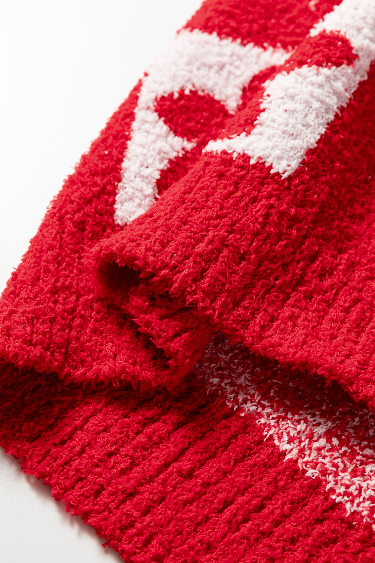 Fiery Red V Neck Flower Heart Detail Checkered Knit Loose Sweater