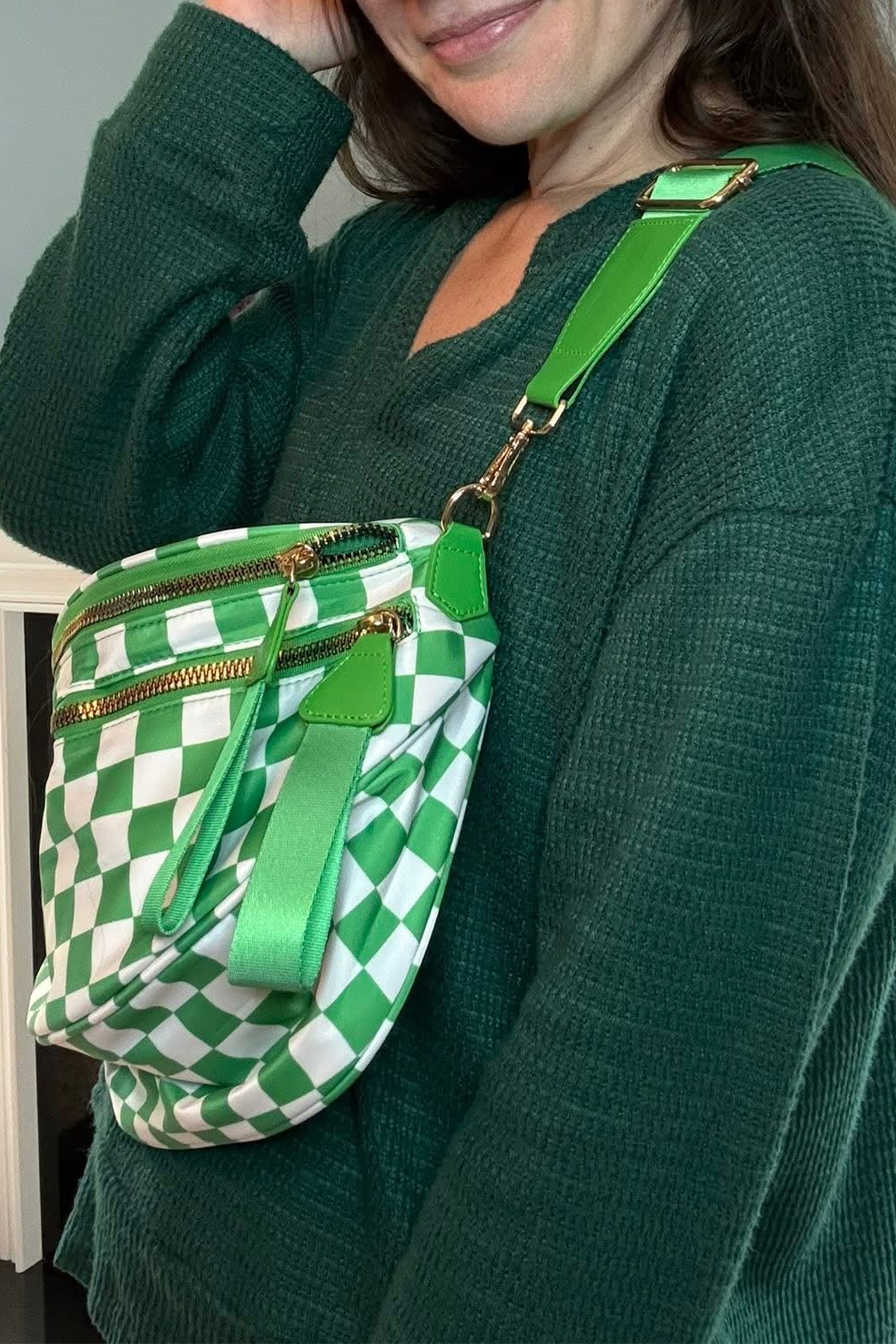 Jungle Green Double Zip Crescent Shape Adjustable Sling Bag