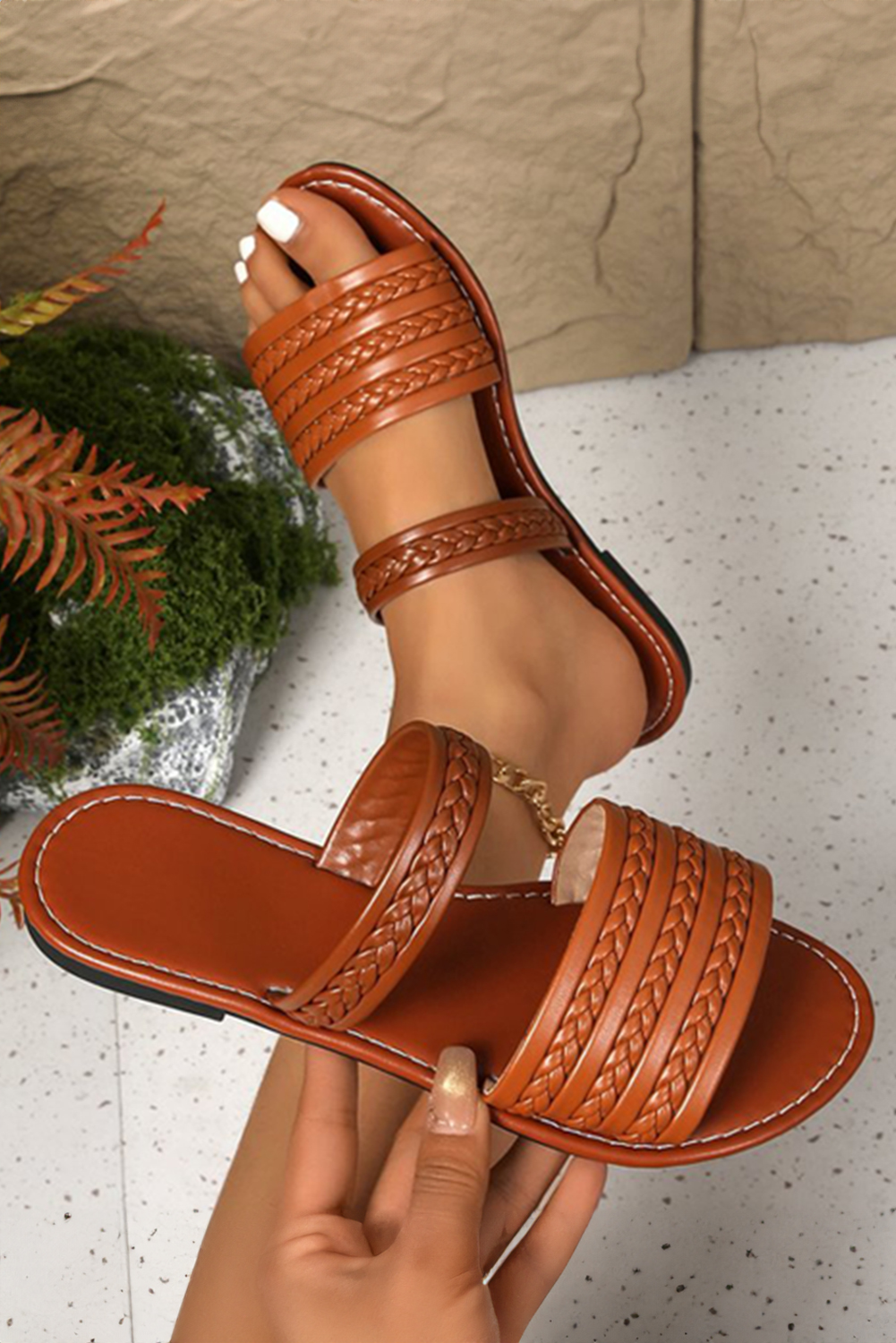 Coffee Woven Band Faux Leather Flat Slippers