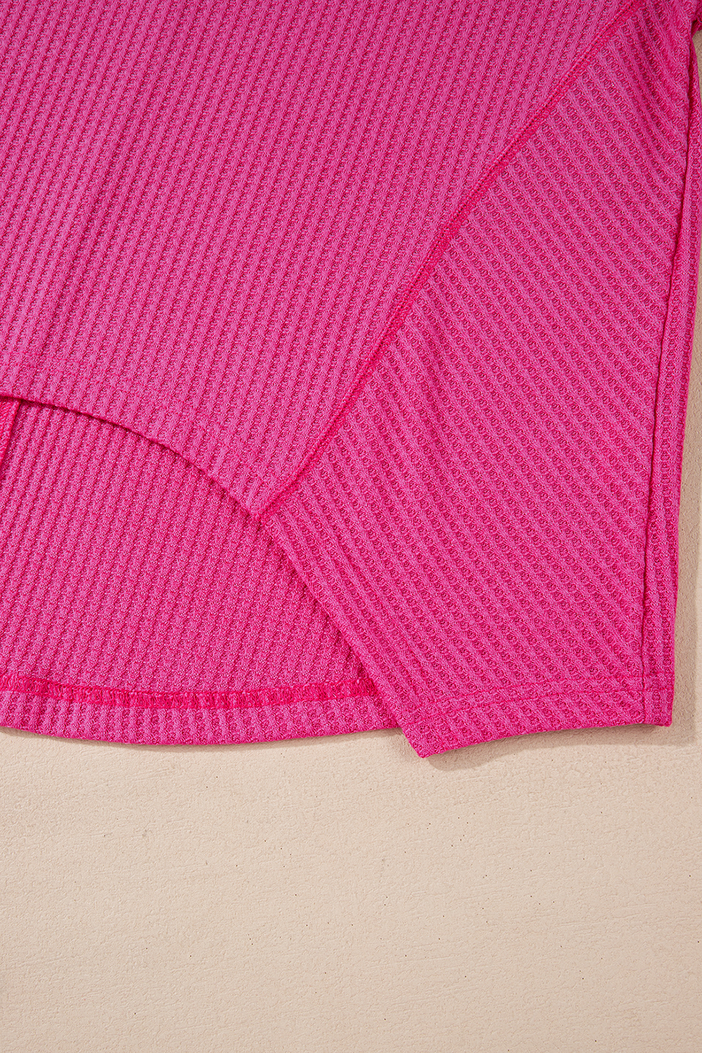 Light Pink Waffle V Neck Long Sleeve Drop Shoulder Loose Blouse