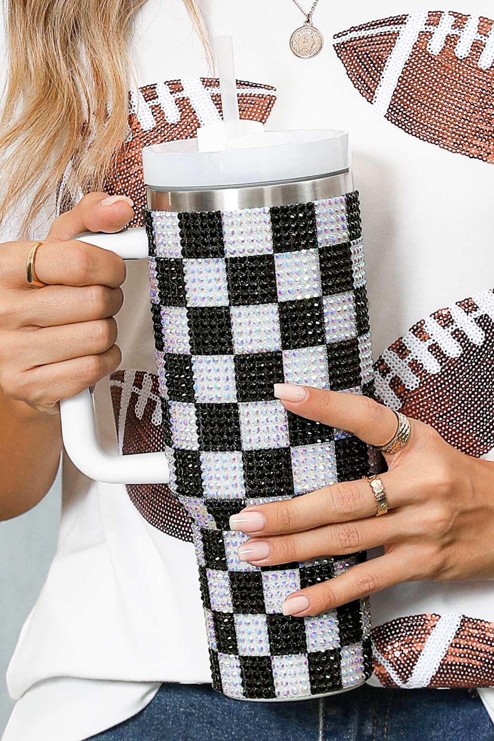 Black Full Rhinestone Checkerboard Handled Tumbler 40oz