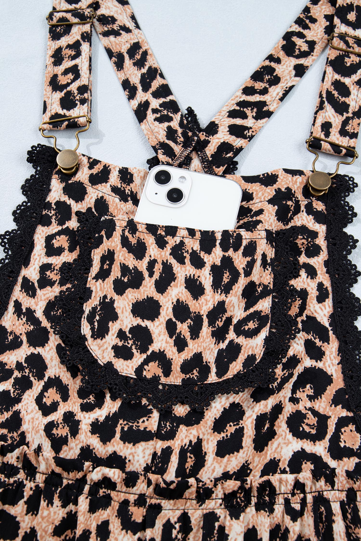 Khaki Cheetah Printed Contrast Lace Detail Ruffled Wide Leg Jumpsuit