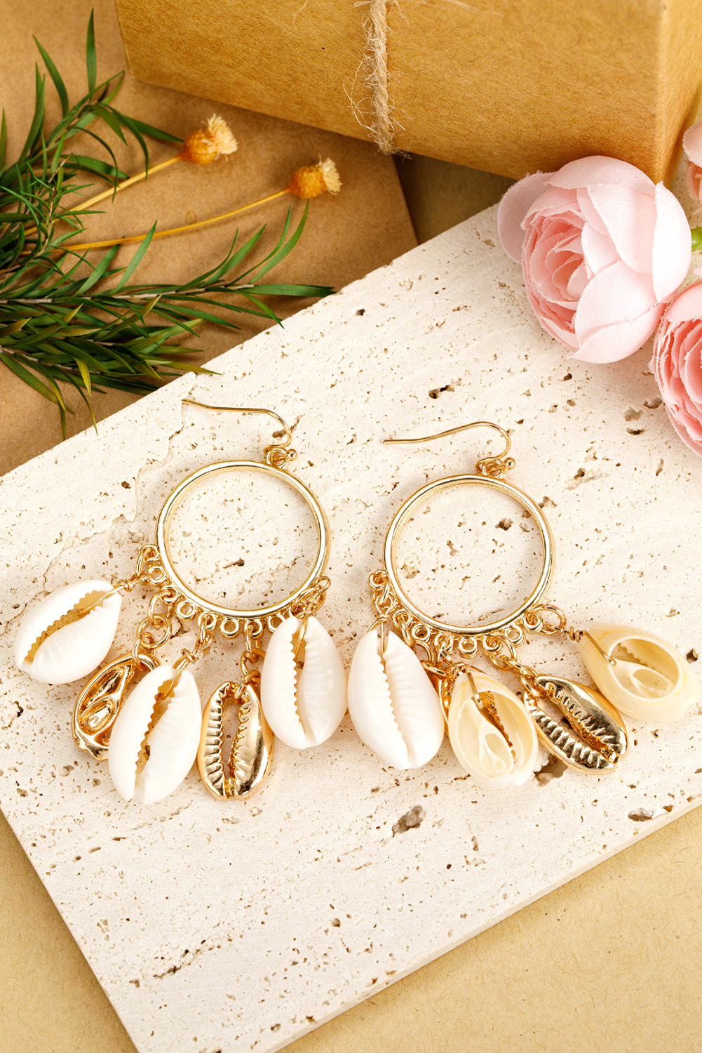 Gold Seashell Charm Hoop Dangle Earrings