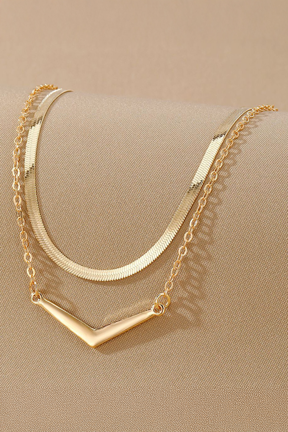 Gold V-shape Pendant Snake Bone Chain Double Layer Necklace