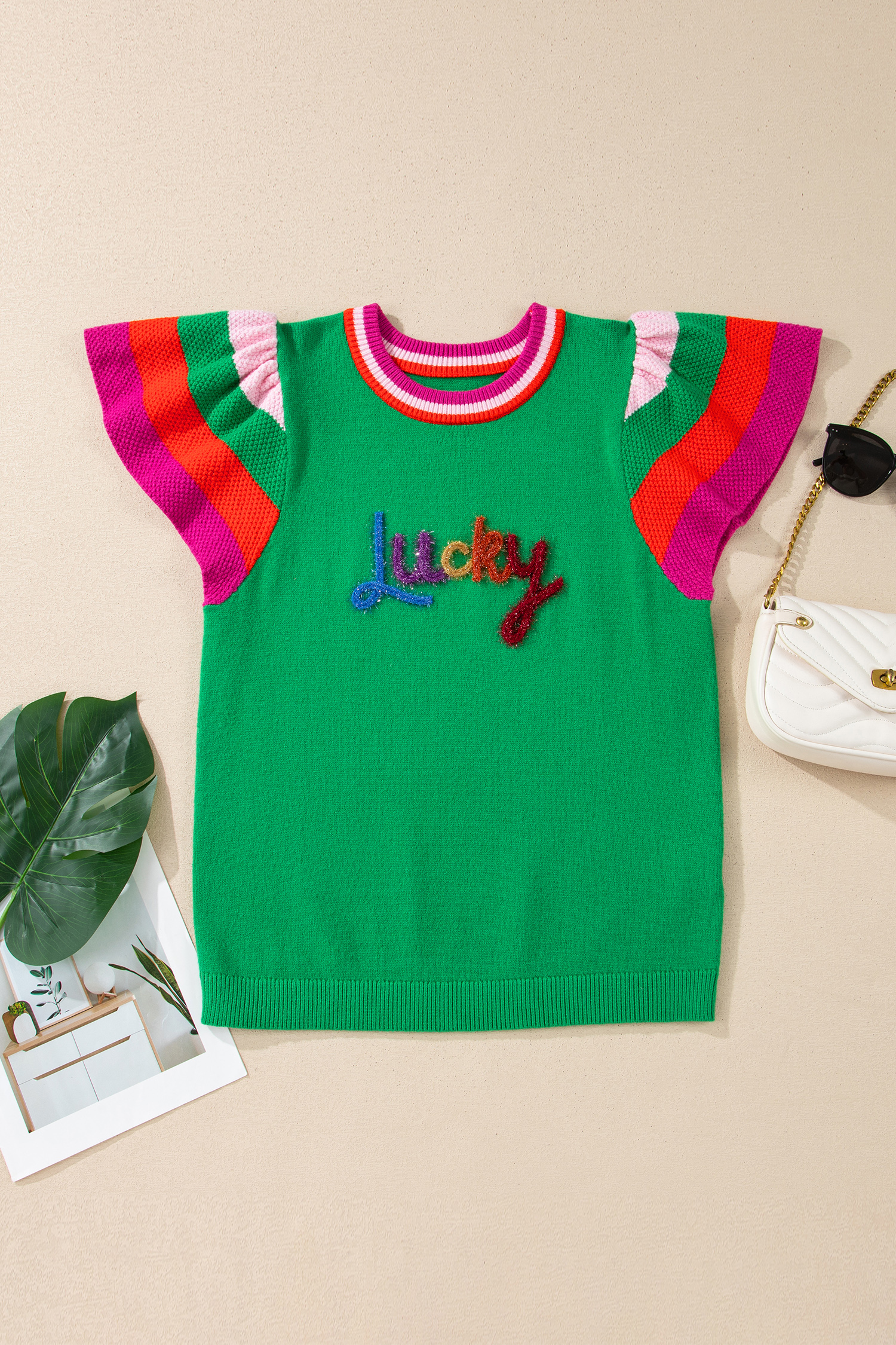 Bright Green Shiny Lucky Striped Flutter Sleeve Round Neck Sweater