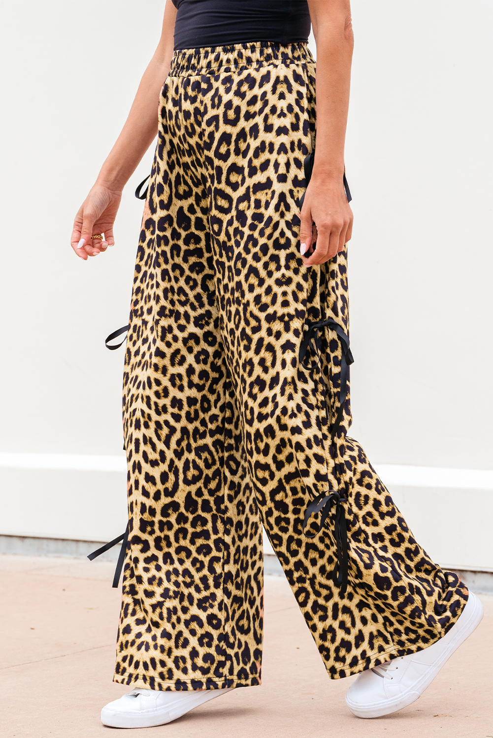 Brown Leopard Print Bow Tie Elastic Waistband Loose High Waist Pants