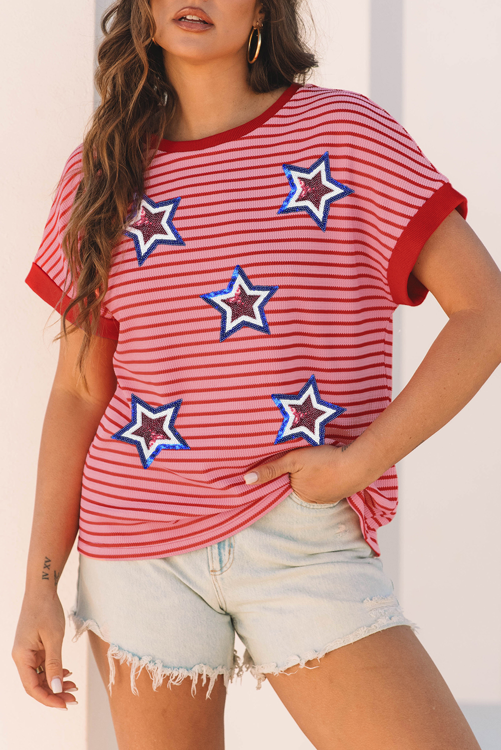 Pink Stripe Knitted Round Neck T Shirt