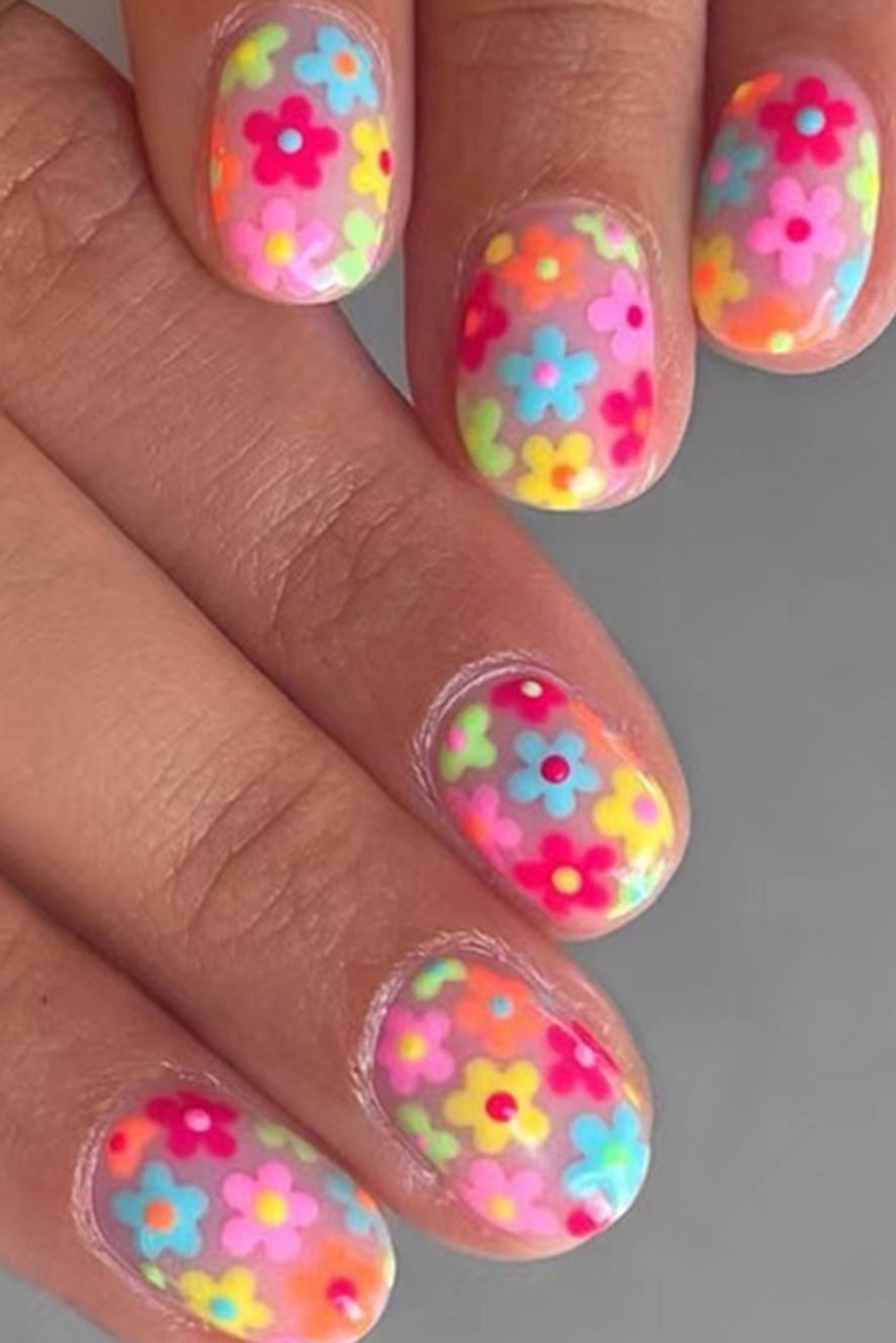 Pink Cute Flowers Print Press On False Nails