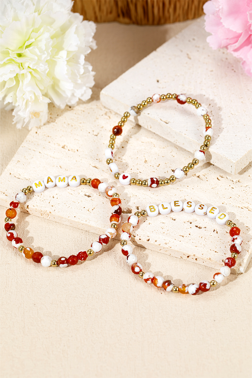 Gold MAMA Beaded Triple Layer Bracelet Set