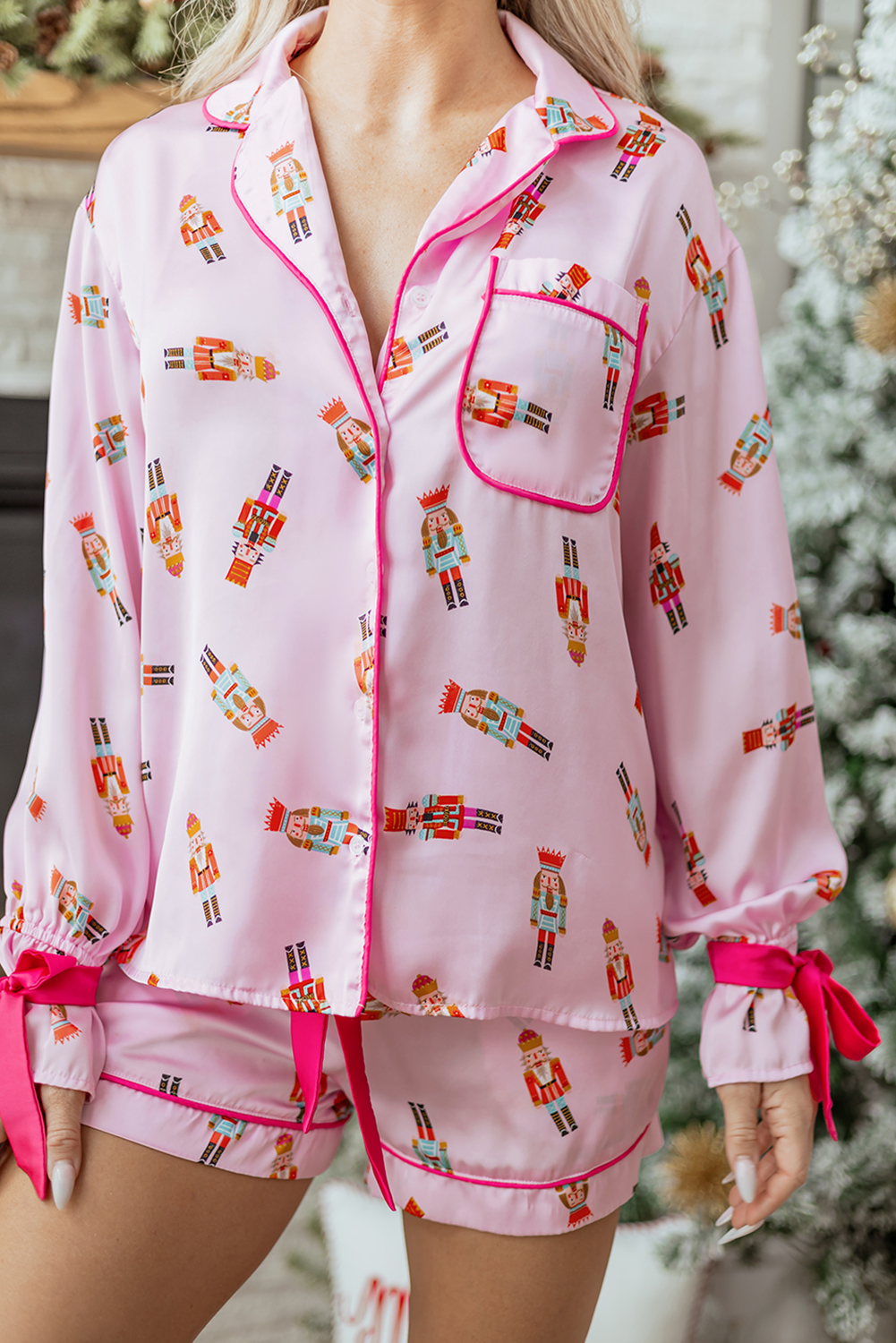 Pink Nutcracker Print Contrast Trim Tied up Bow Silky 2pcs Pajama Set