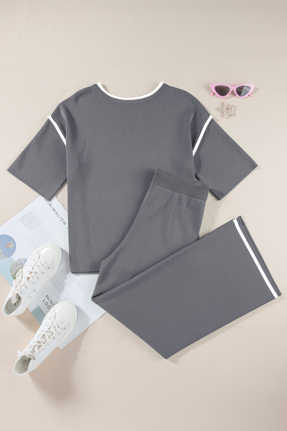 Blackish Green Contrast Trim Half Sleeve Top Drawstring Pants Loose 2pcs Sweater Suit