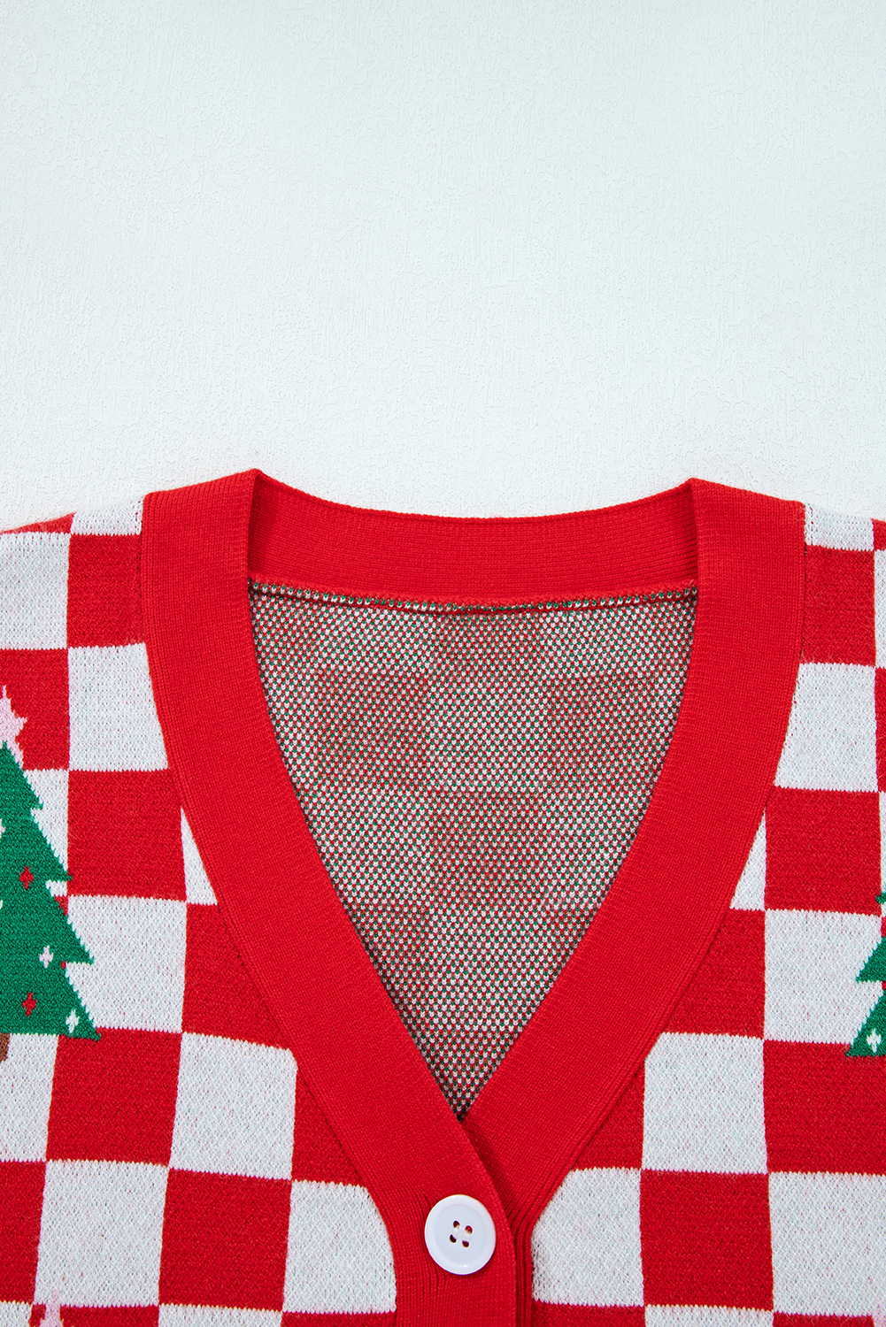 Pink Checkered Christmas Tree Pattern Button V Neck Cardigan Sweater