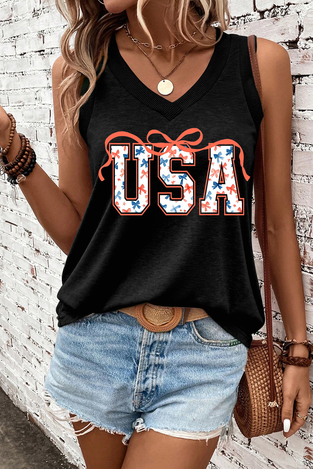 Black USA Bow Tie Print V Neck Tank Top
