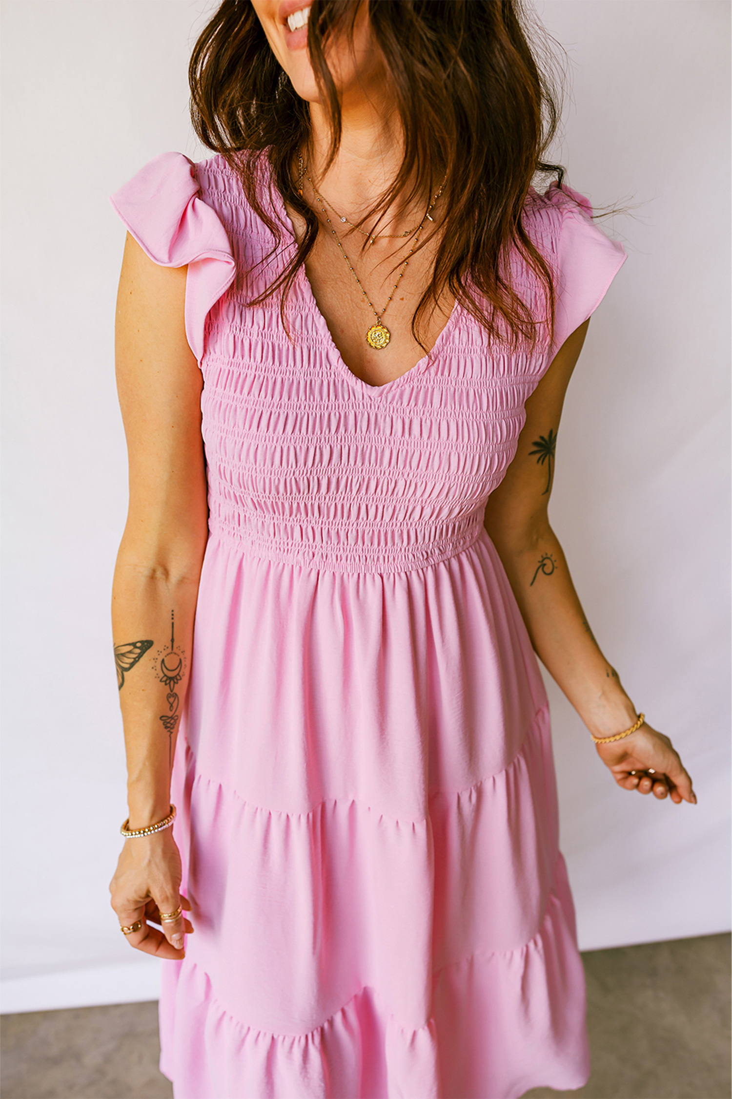 Pink Smocked Bodice Flutter Sleeve Fit Flare Tiered Midi Dress