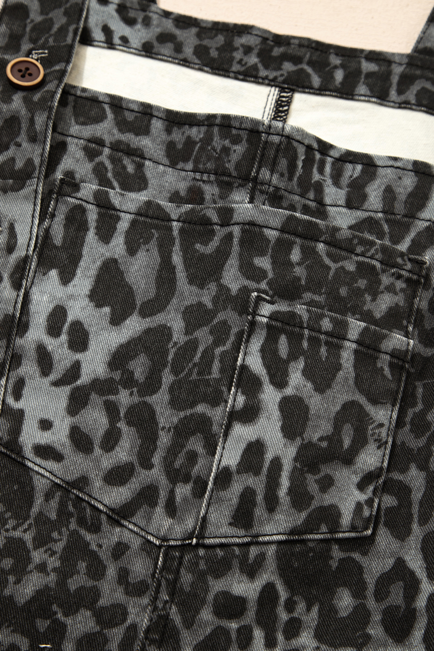 Gray Leopard Print Button Adjustable Straps Cropped Loose Denim Overalls