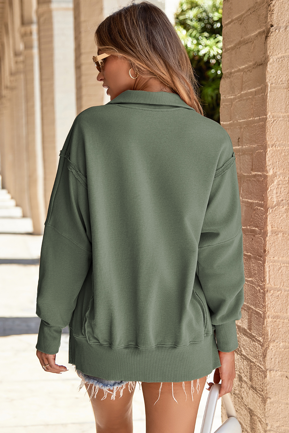 White Buttoned Collared Raw Detail High Low Baggy Sweatshirt with Slits