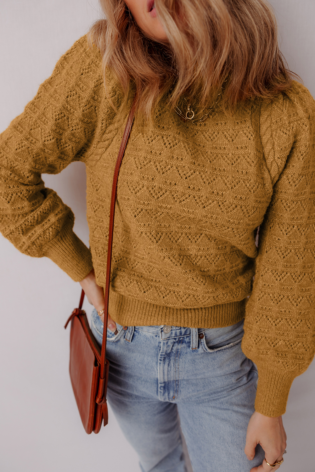 Jurassic Gold Hollow Out Crochet Ribbed Edge Balloon Sleeve Sweater