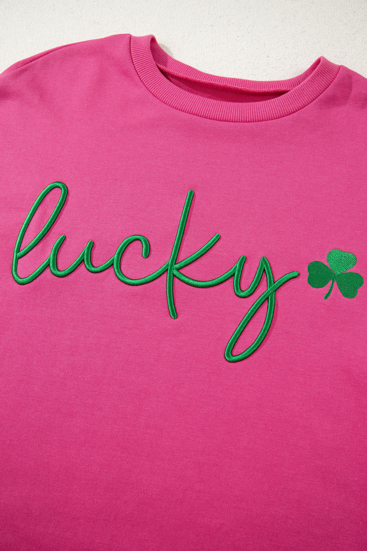 Rose Red Lucky Clover Embroidered Loose Pullover Sweatshirt
