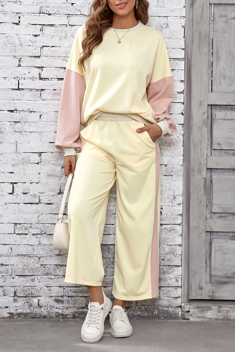 Apricot 2pcs Color Block Pullover Loose Pant Set