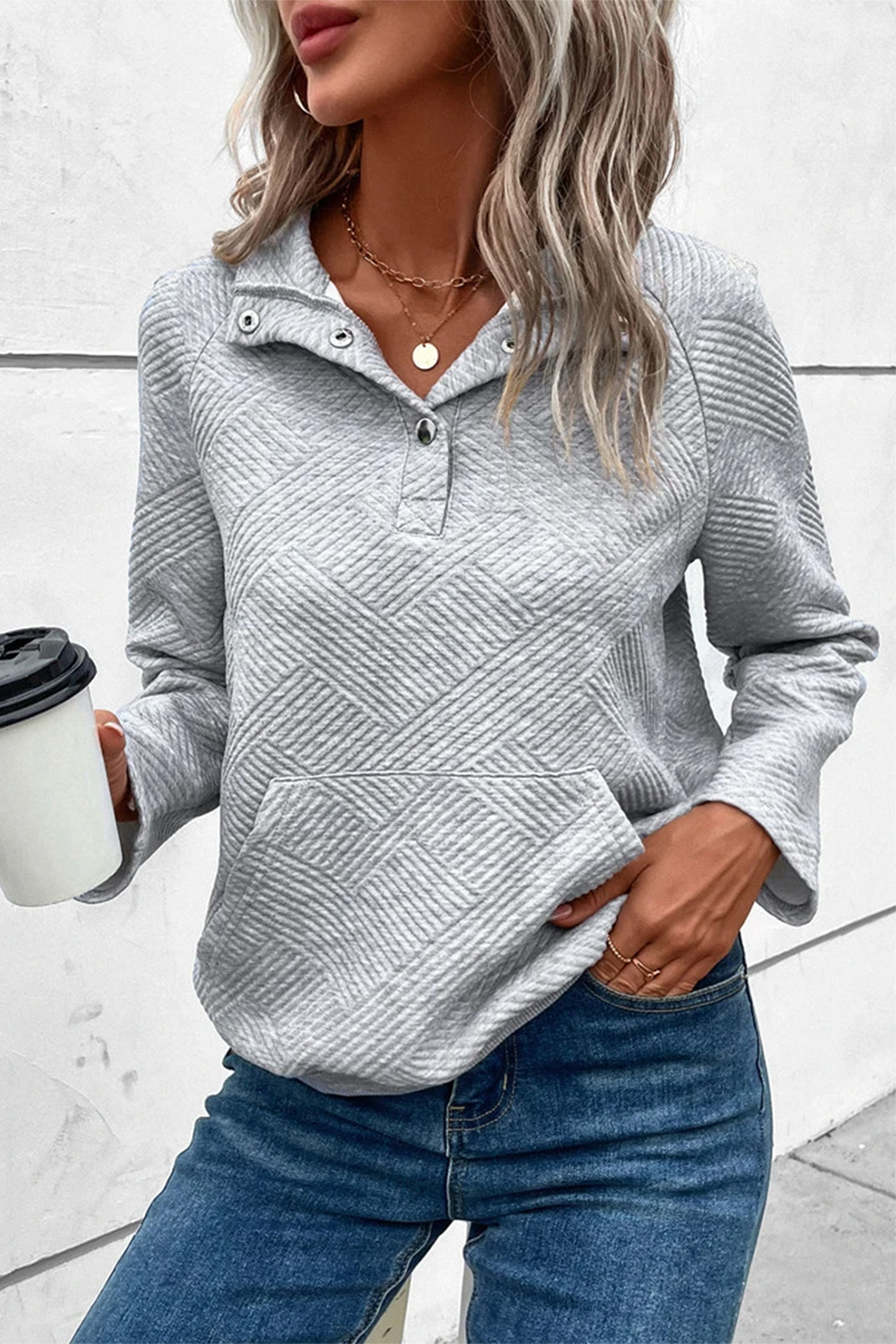Apricot  Asymmetric Buttons Detail High Neck Textured Sweatshirt