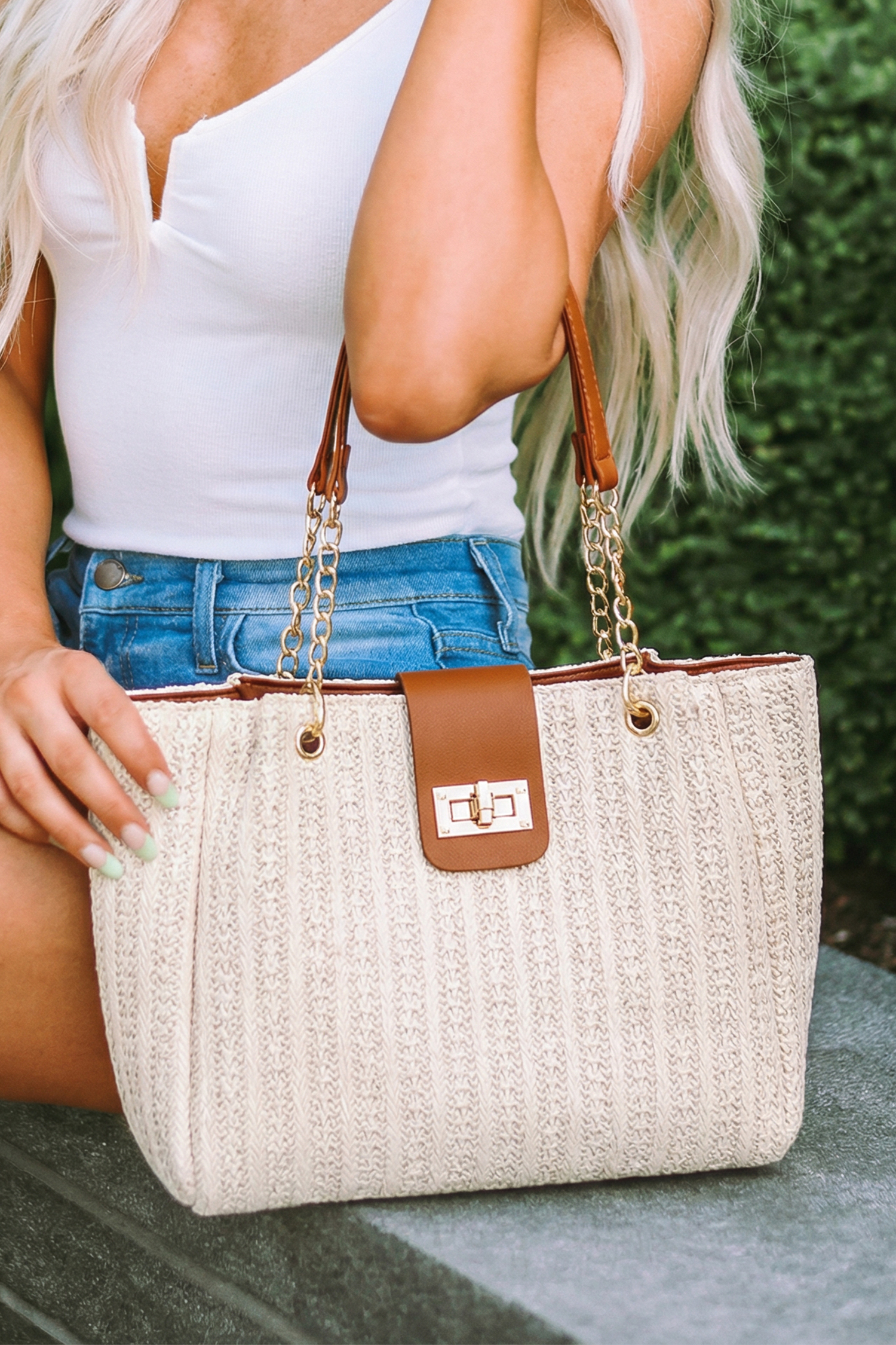 Coffee PU Leather Chain Handle Woven Textured Knit Tote Bag