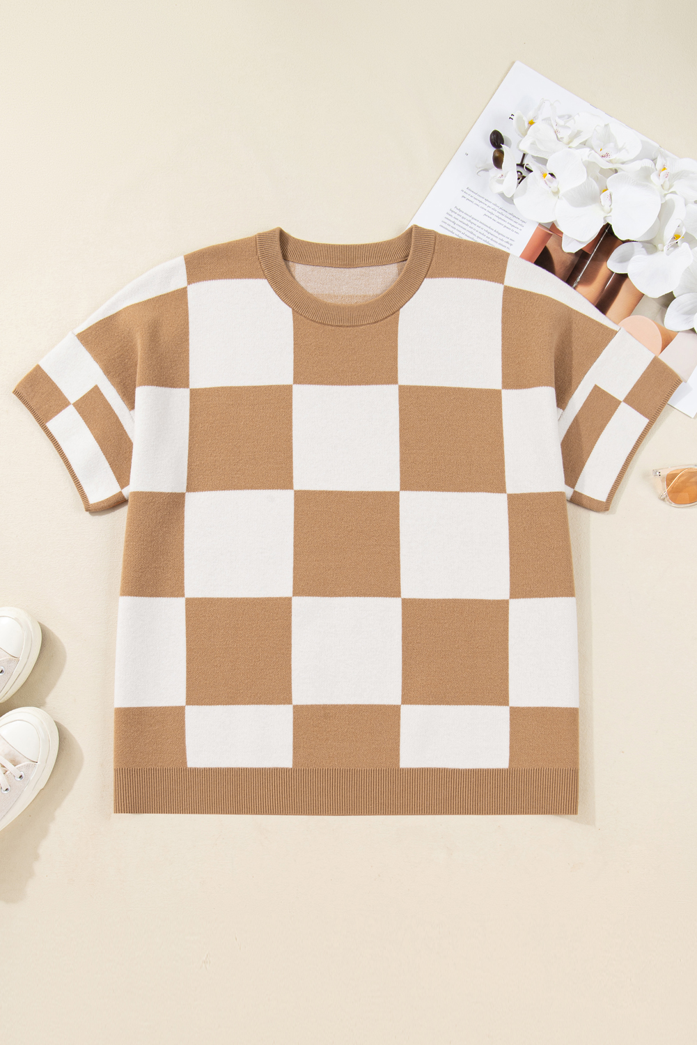 Black Checkered Pattern Loose Drop Shoulder Half Sleeve Sweater
