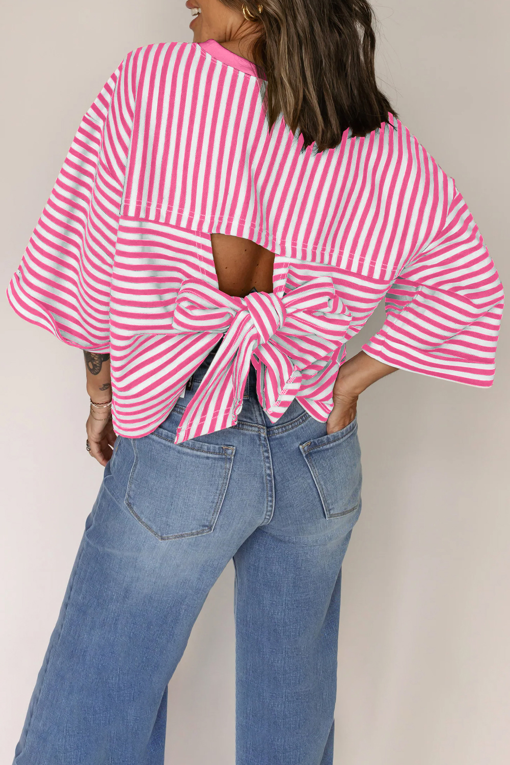Red Stripe Bowknot Cutout Back Drop Shoulder Wide Bracelet Sleeve Loose Tee