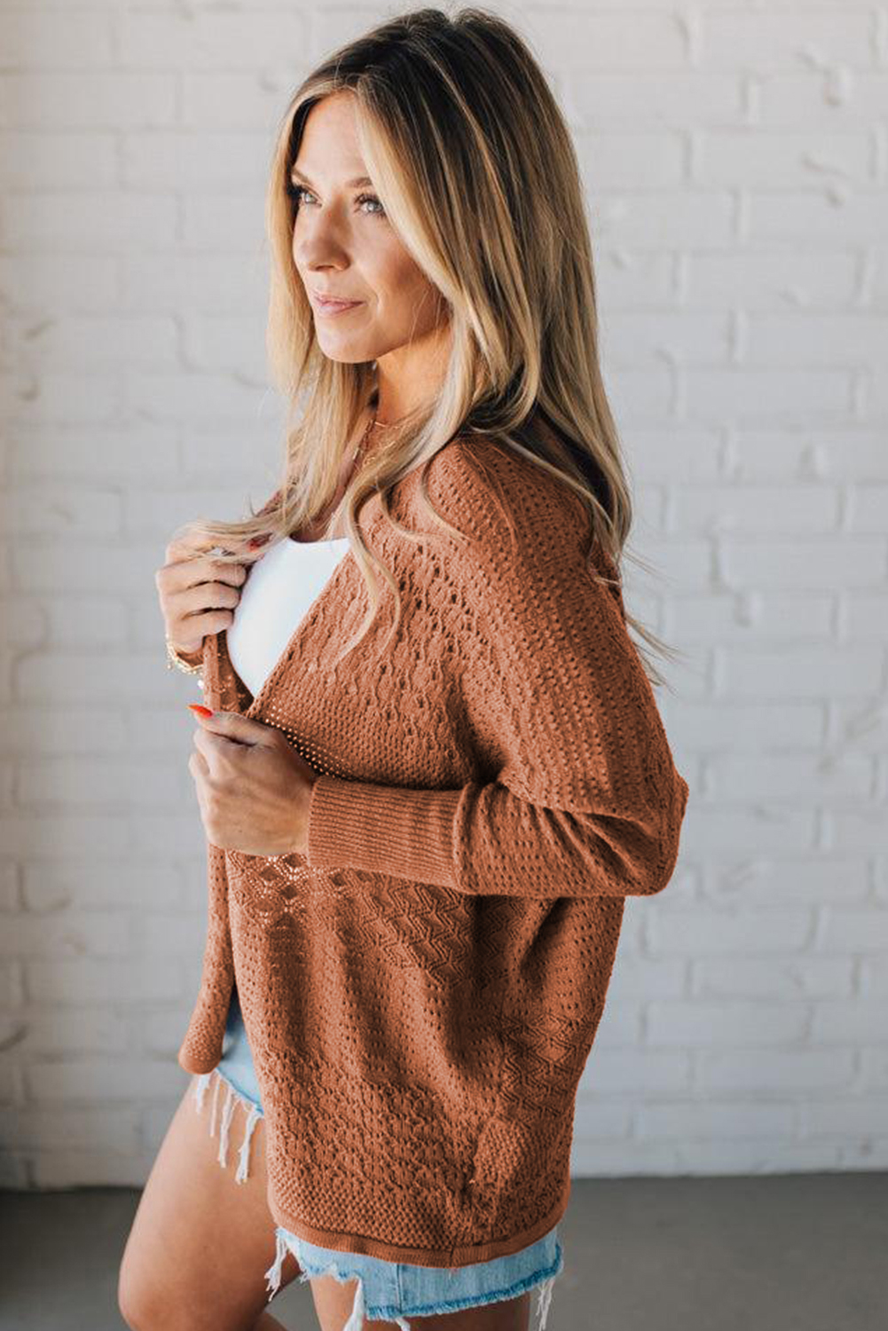 Redwood Burl Mixed Pattern Knitted Open Front Plus Cardigan
