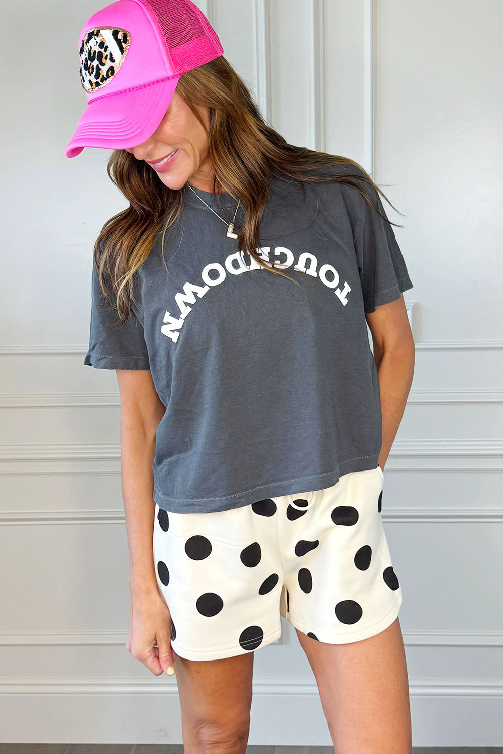 Beige Polka Dot Print Drop Shoulder Pullover Drawstring Jogger Pant Set