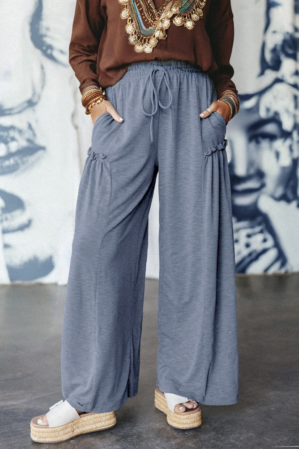 Frilled Detail Wide Leg Drawstring Elastic Waistband Pants