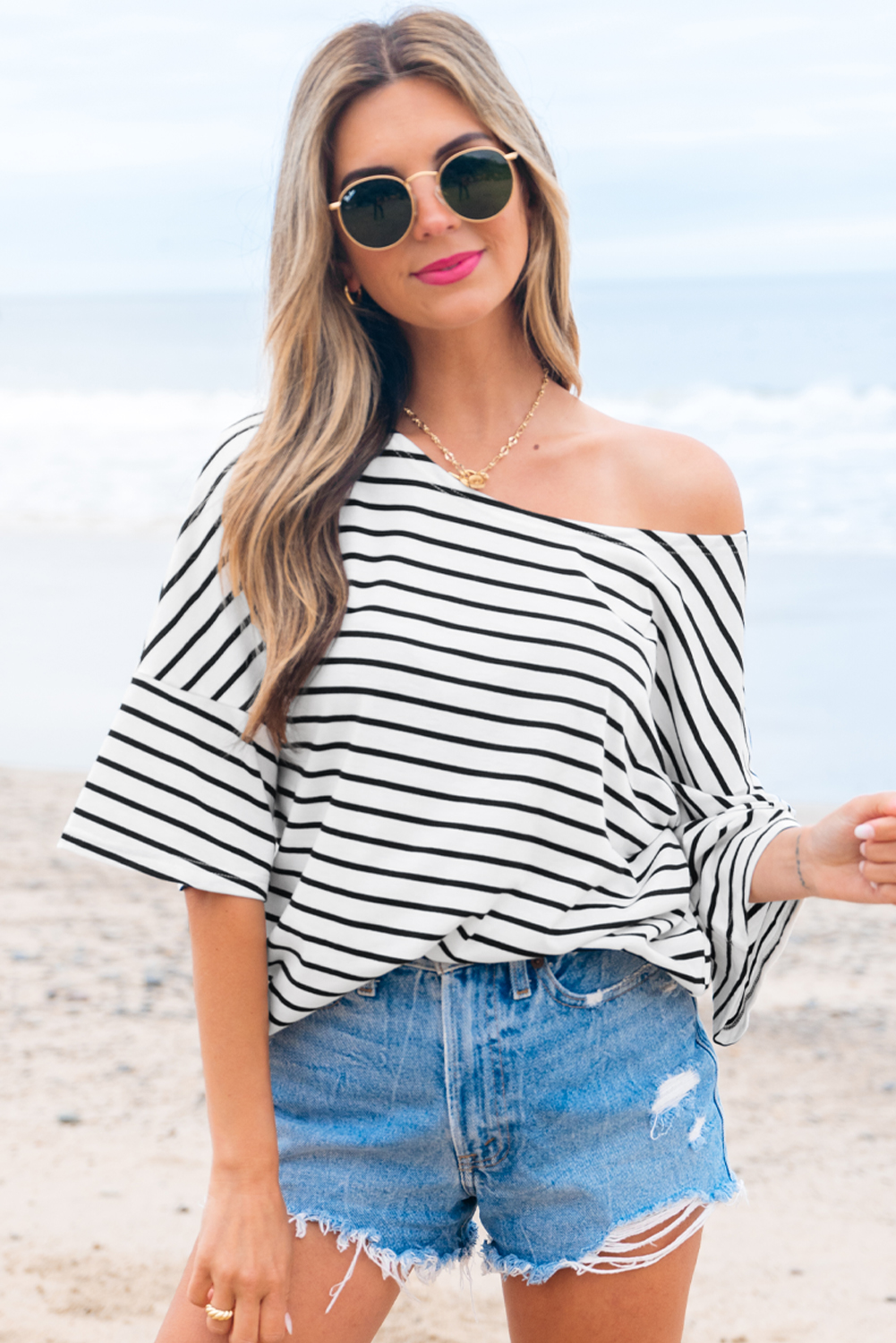 Black Stripe Half Sleeve Scoop Neck Loose Top