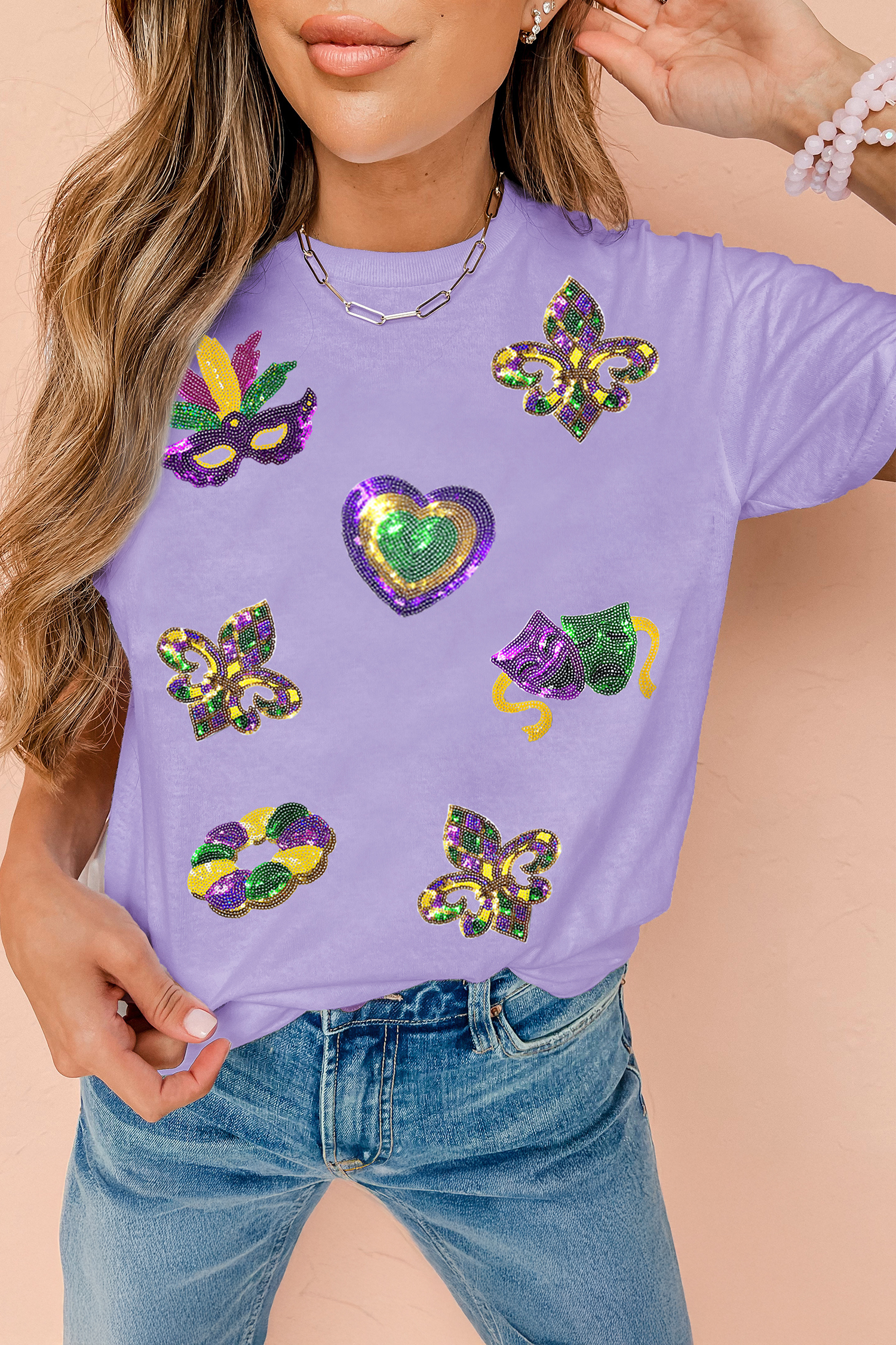 White Sequined Mardi Gras Symbolic Pattern Casual Tee