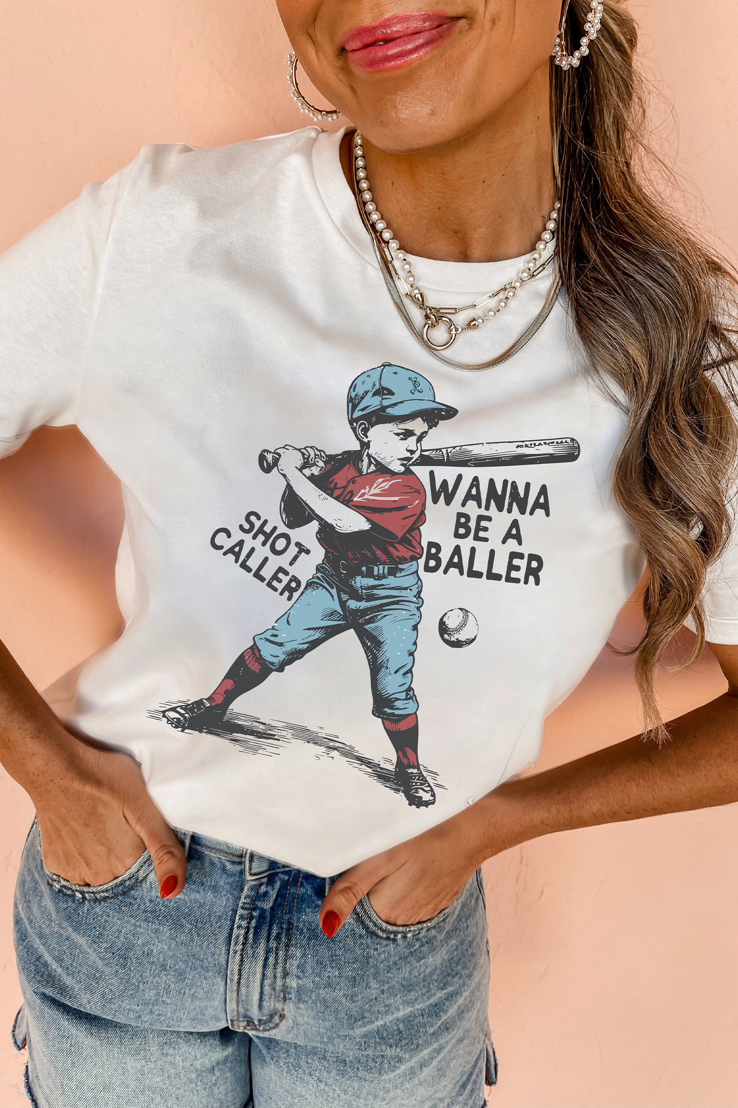 White SHOT CALLER WANNA BE A BALLER Casual Graphic Tee