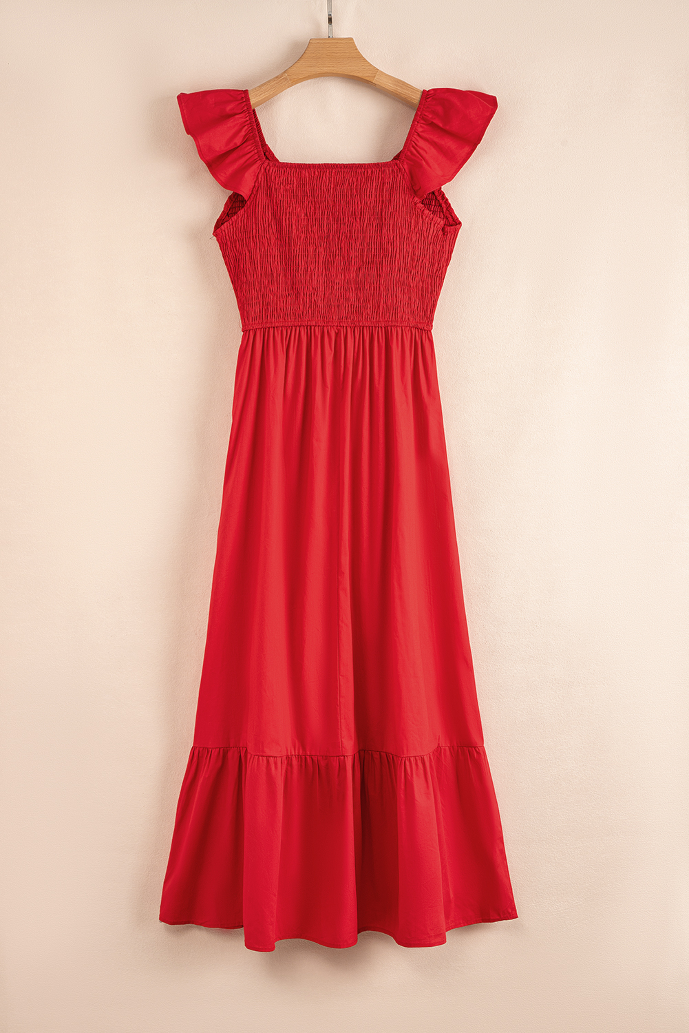 Black V Neck Flutter Sleeve Smocked Bodice High Waist Ruffle Maxi Dress
