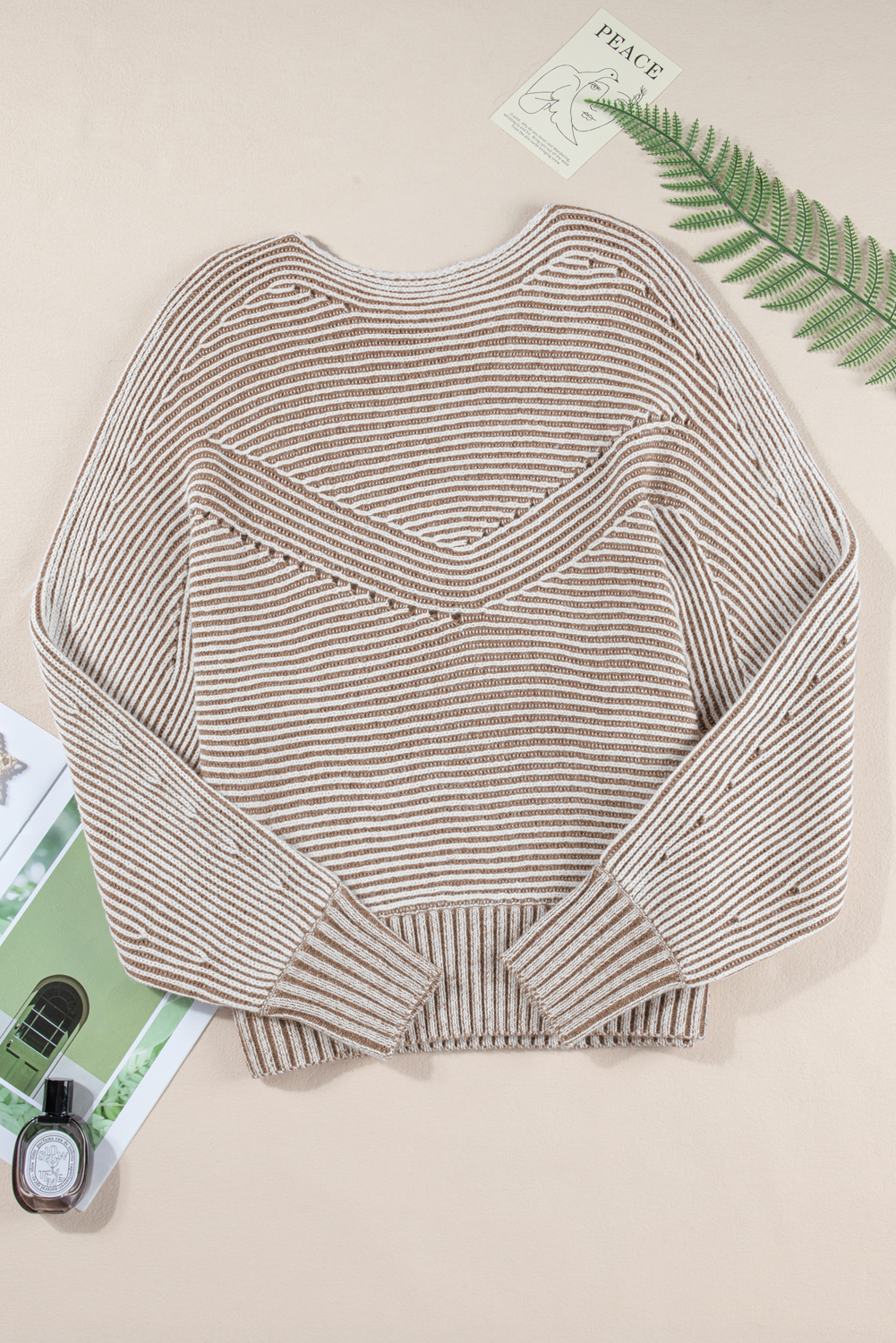 Coffee Striped Print Ribbed Knit Boat Neck Baggy Sweater