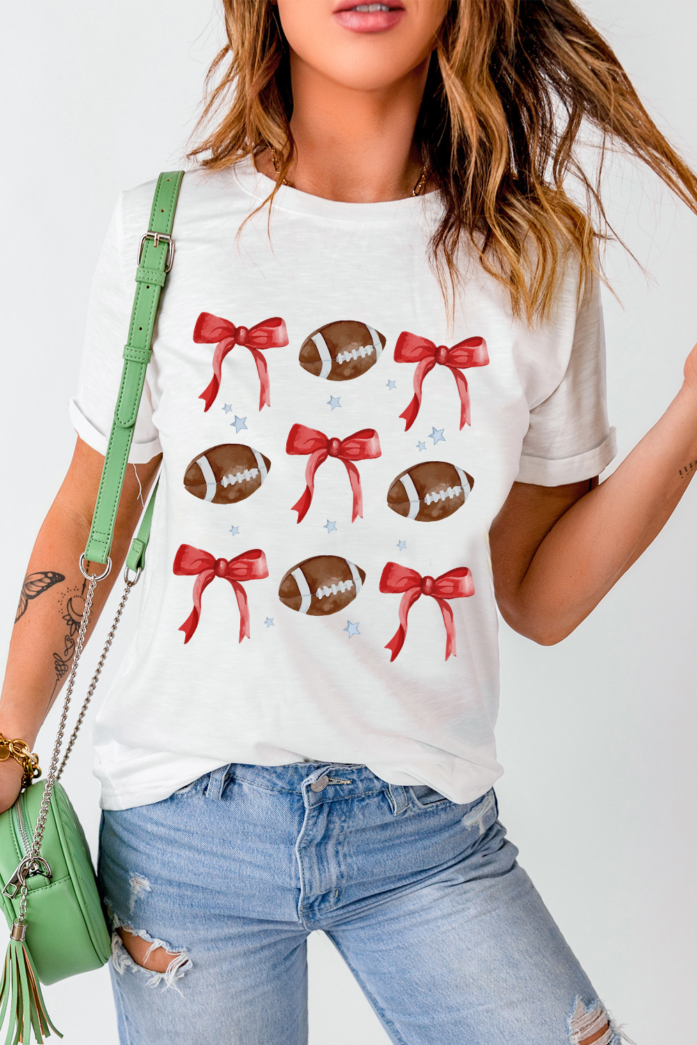 White Bowknot Rugby Graphic Crew Neck Tee