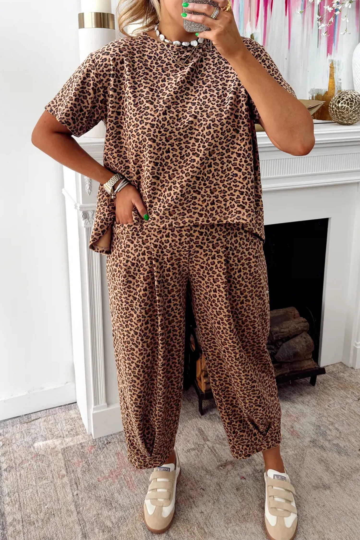 Brown Leopard Loose Tee Drawstring Waist Barrel Pants Set