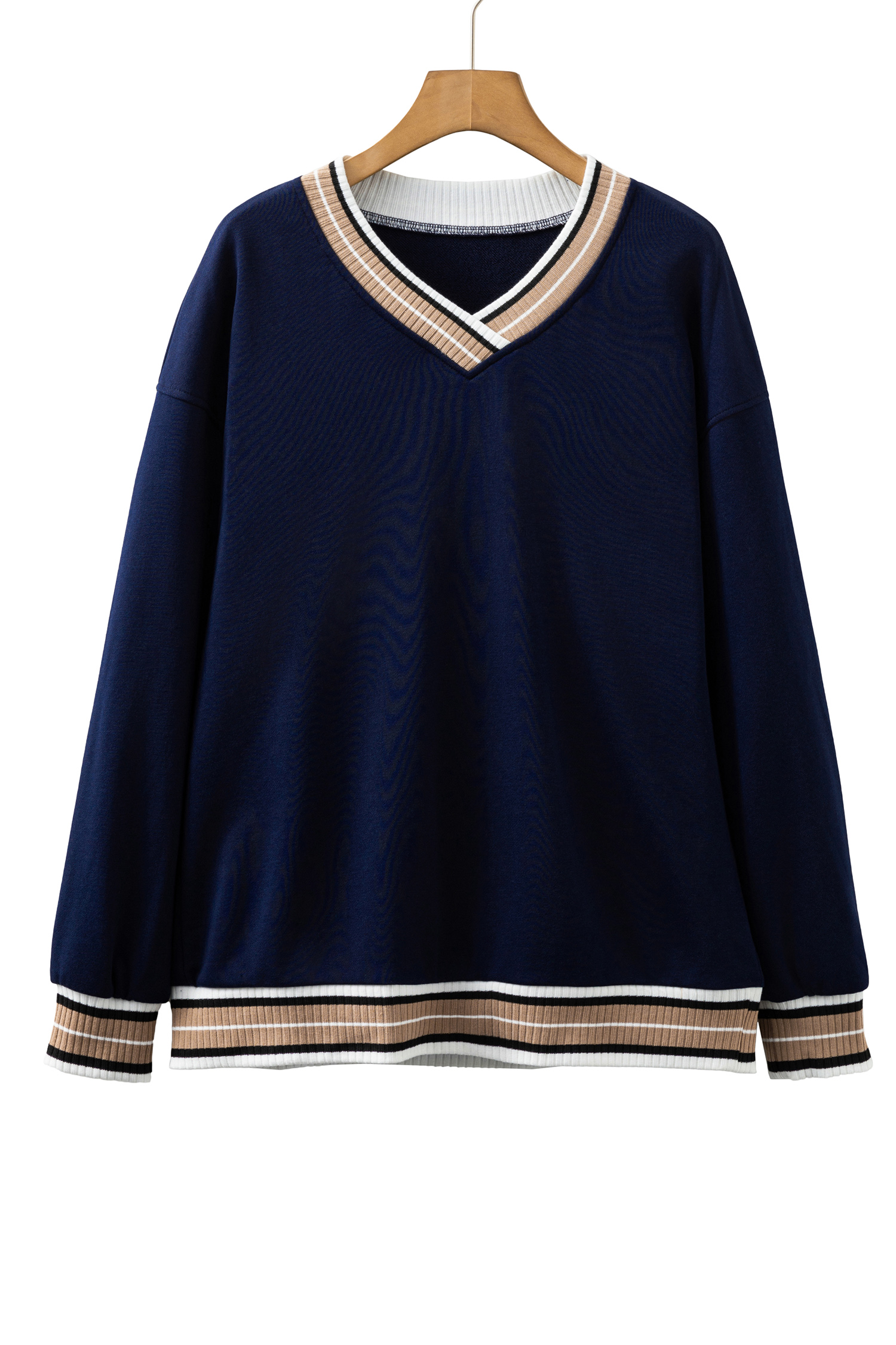 Gray Varsity Contrast Striped Trim V Neck Sweatshirt
