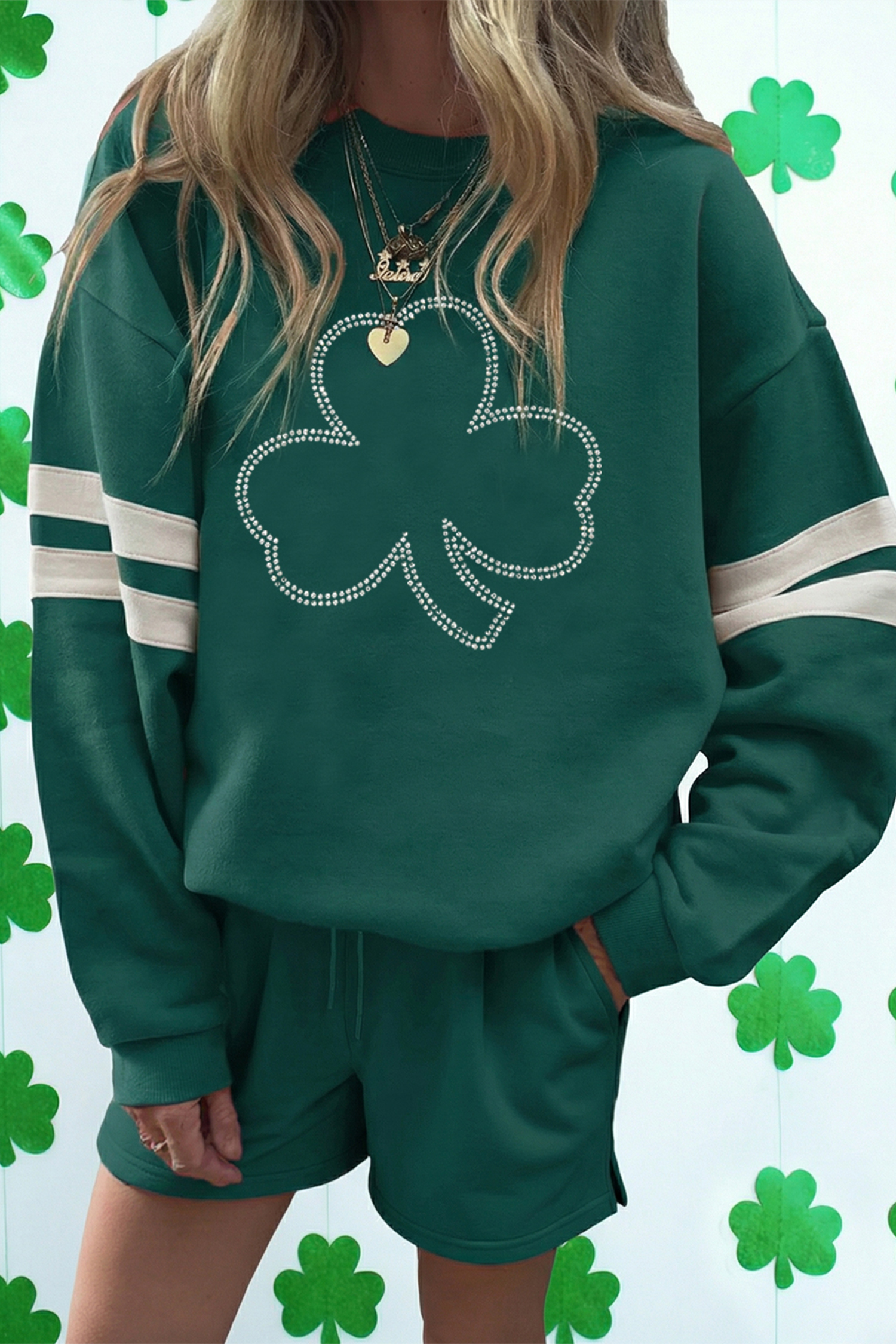 Evergreen Rhinestone Clover Varsity Pullover Drawstring Shorts 2pcs Set